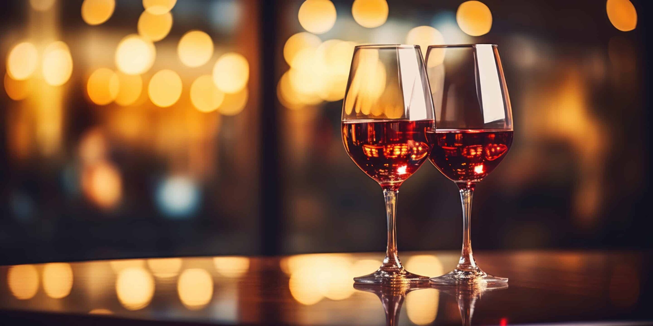 A single glass of red wine in the warm light of a cozy bar.